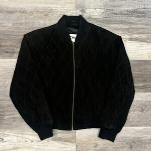 Vintage 80s Chia Suede Leather Black Womens‎ M Full Zip Quilted Bomber Jacket